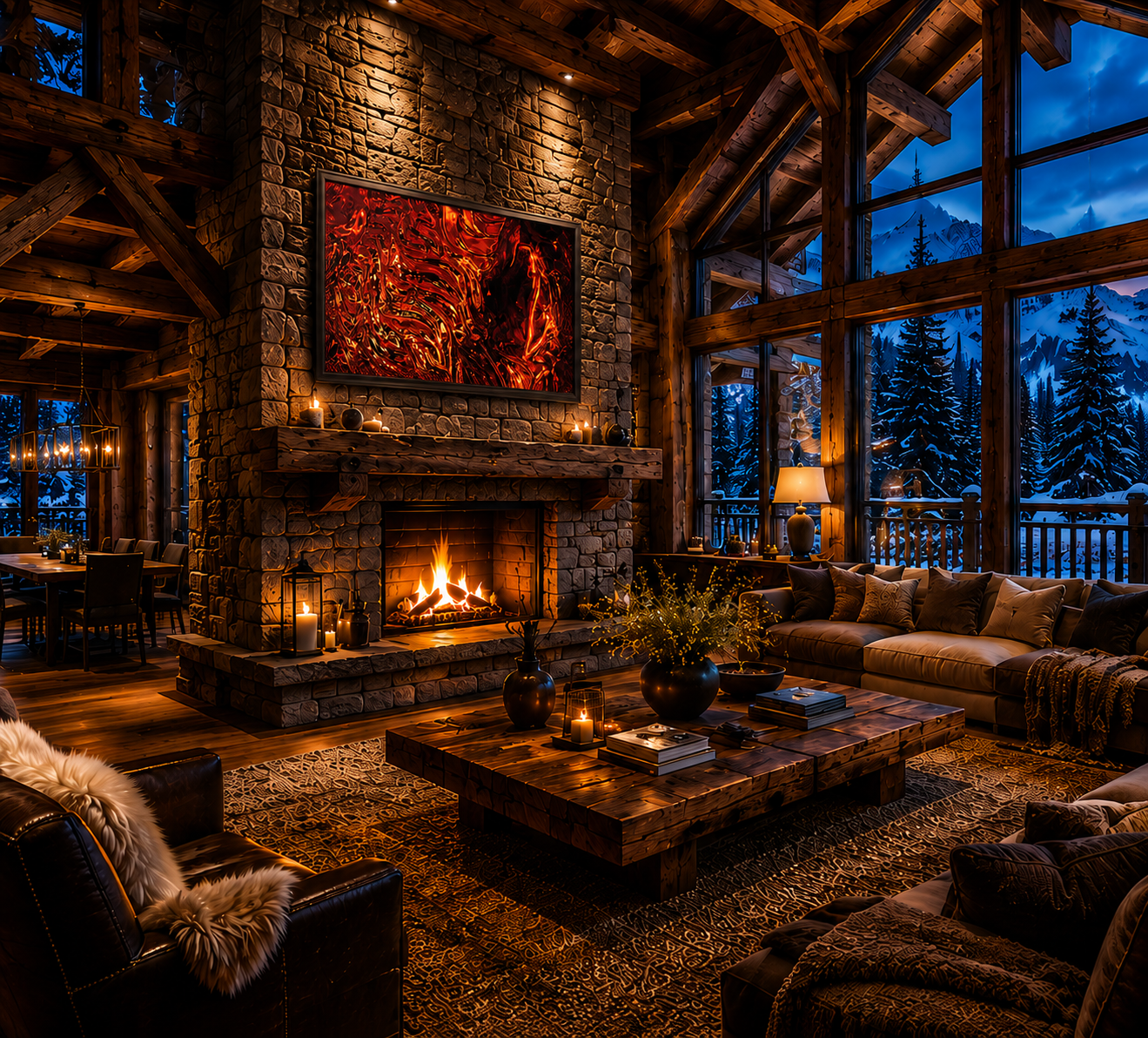 New Gold Dream – LionArt Fine Art Print als Wandkunst in alpinem Chalet-Interieur mit Holz und Naturstein