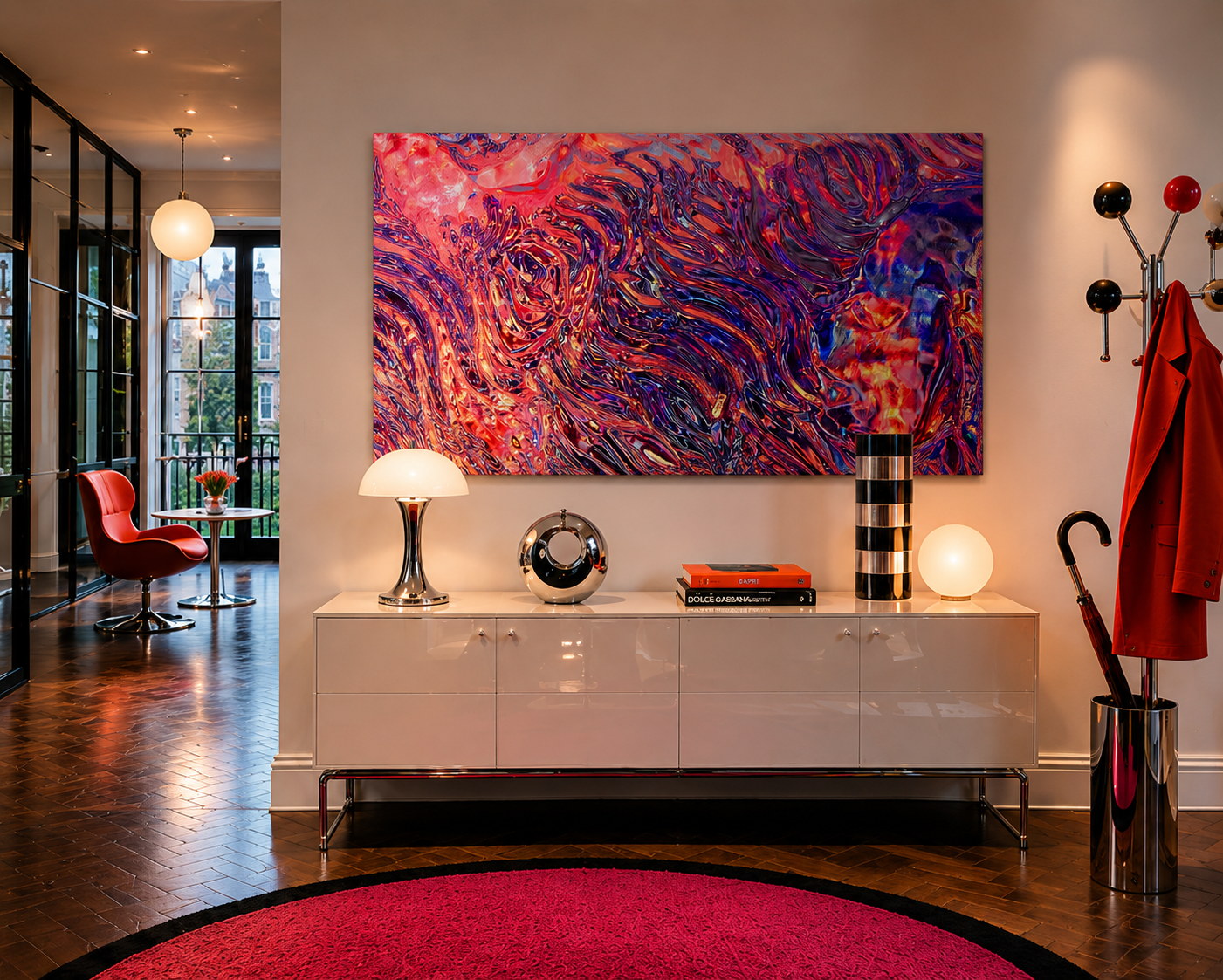 Disco Inferno Remix – LionArt Fine Art Print in stilvollem 60er-Jahre-inspirierten Wohnraumdesign