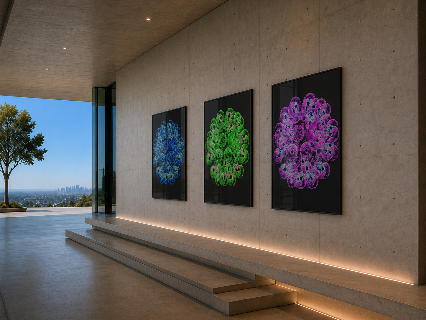 Bulb Flower – LionArt Fine Art Print Triptychon in Pink, Blau und Grün, Lichtobjekt-Fotokunst, Serie Other Stories
