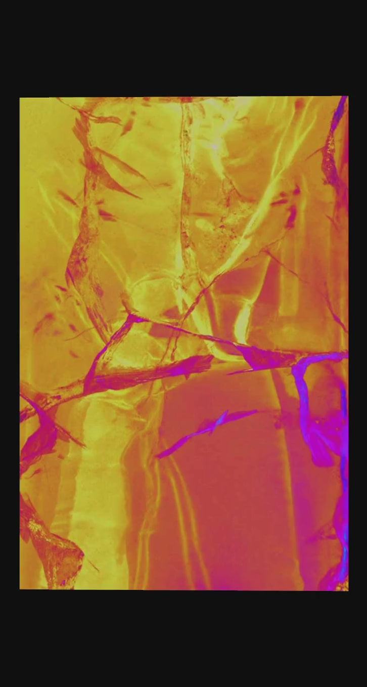 Juanita Kiteless – 360°-Ansicht der Fine Art Edition, abstrakte Eis-Fotografie in leuchtendem Gelb und Orange mit violetten Rissen, Serie Ice Ice Baby, LionArt